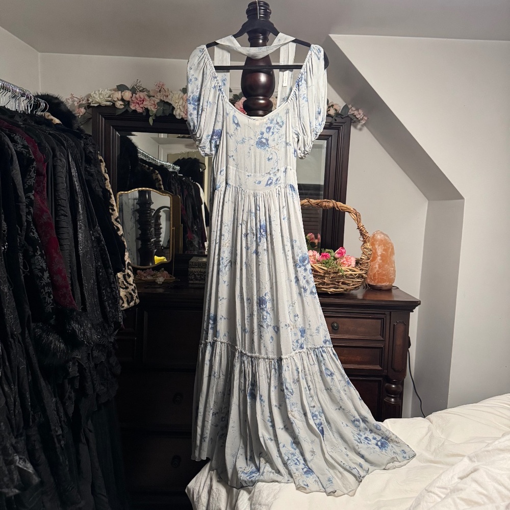 LoveShackFancy Silk Dress with belt  Blue floral 2